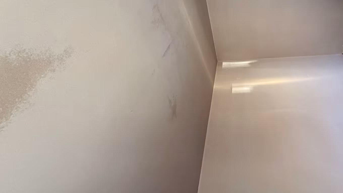 A close view of a smooth, flat skim finish where two walls meet